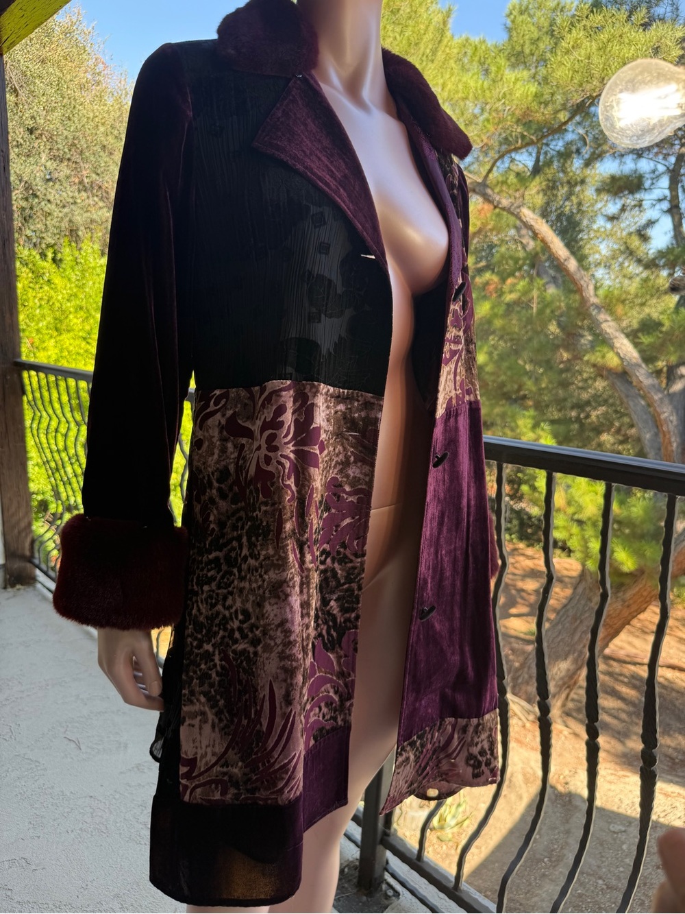 Soft Surrounding jacket velvet burn out-removable fur- plum burgundy patchwork S - Picture 3 of 17